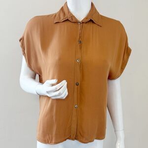 Indah Eliza Solid Button Up Short Sleeve Shirt In Tan Rust Revolve Bamboo Fabric